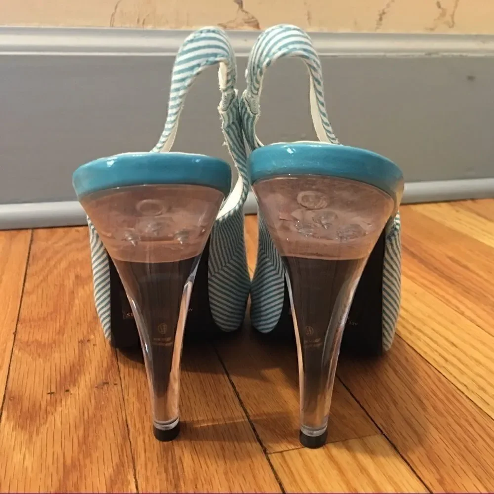 Turquoise white pin stripe slingback peeptoe heels